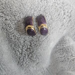Gold-Tone Pierced Earrings with Deep Purple Resin